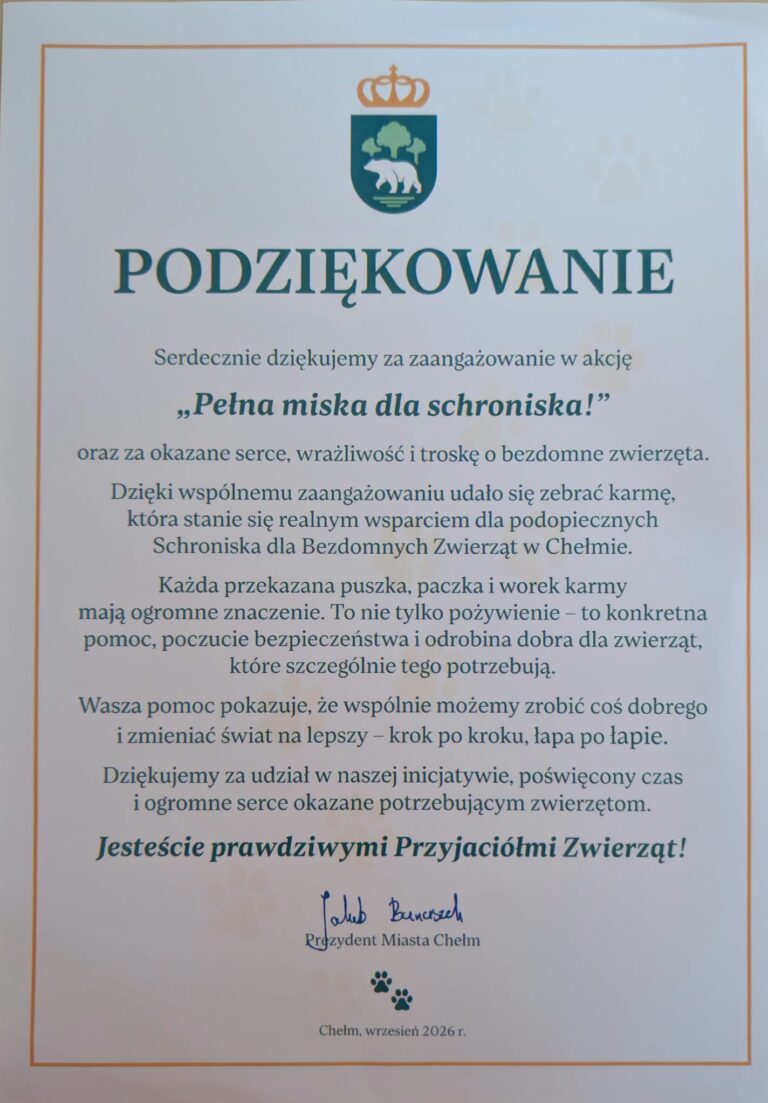 Pełna Miska dla Schroniska – zbiórka 266 kg karmy w II LO w Chełmie